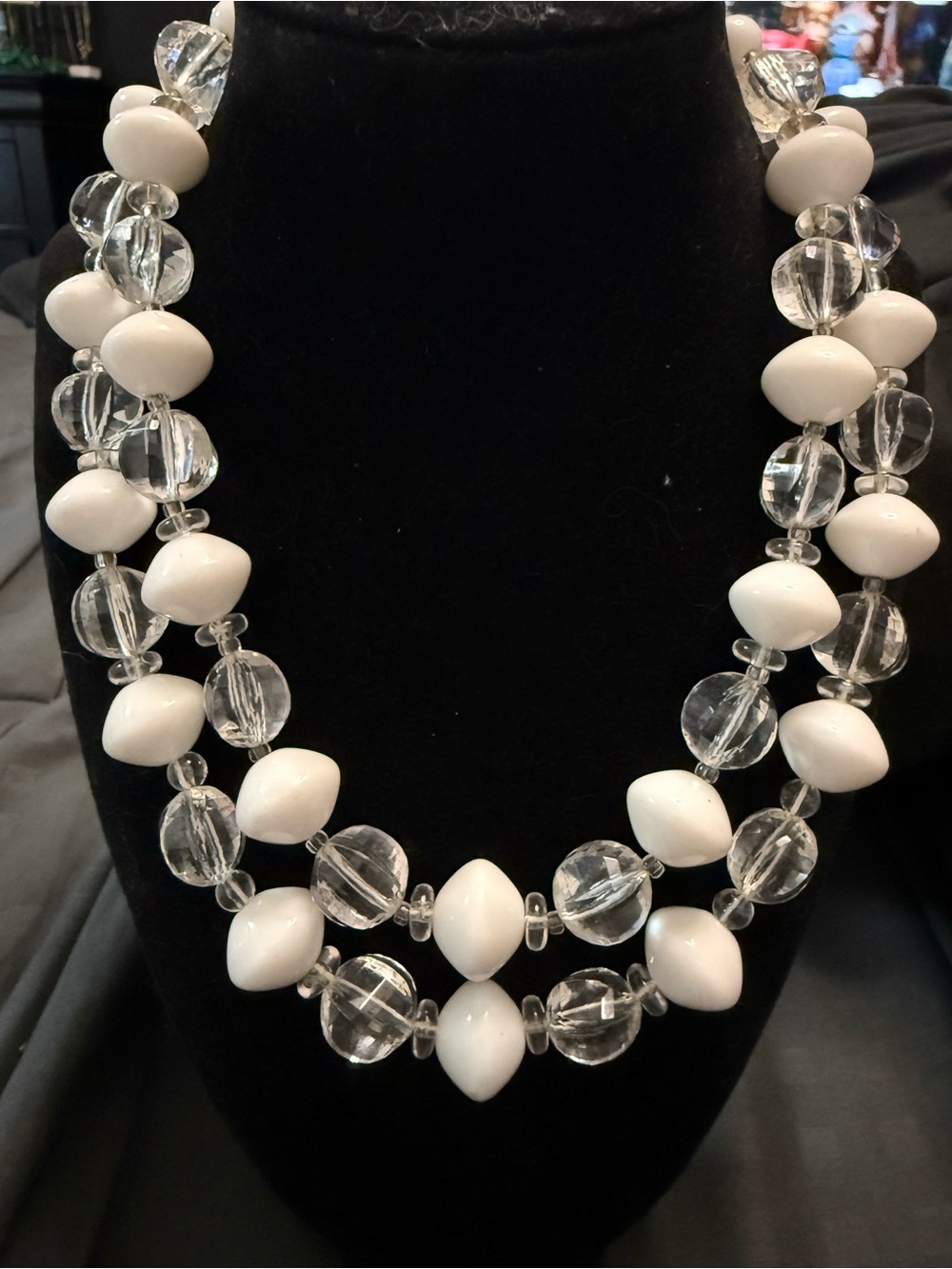 Trifari White and Clear Double-Strand Bead Necklace